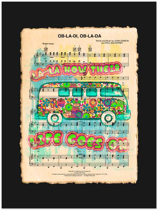 Sheet music with a colorful van and text on a black background