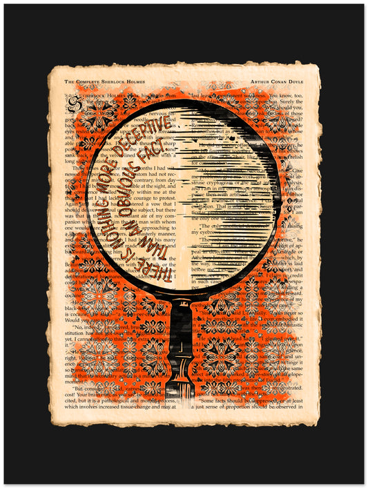 Vintage-style newspaper with a magnifying glass graphic on a black background