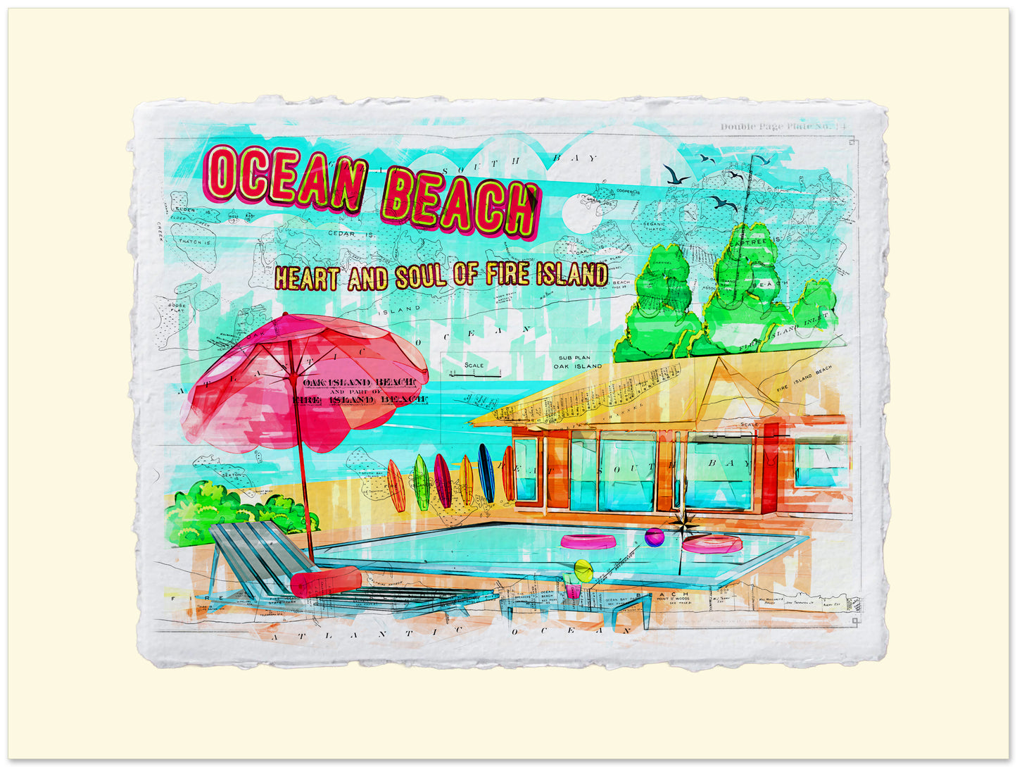 Illustration of a beach scene with a house, pool, and umbrella on a yellow background.