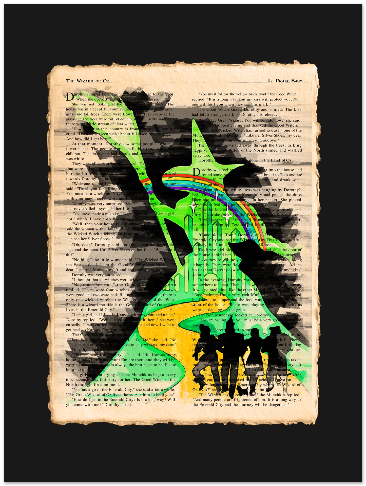 Artistic depiction of a stylized green figure with a rainbow on an old book page background