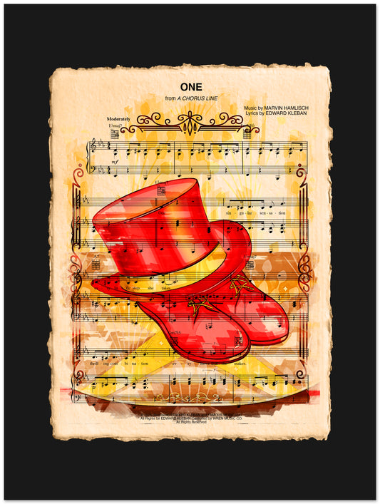Red dance shoes on a sheet of music with decorative elements