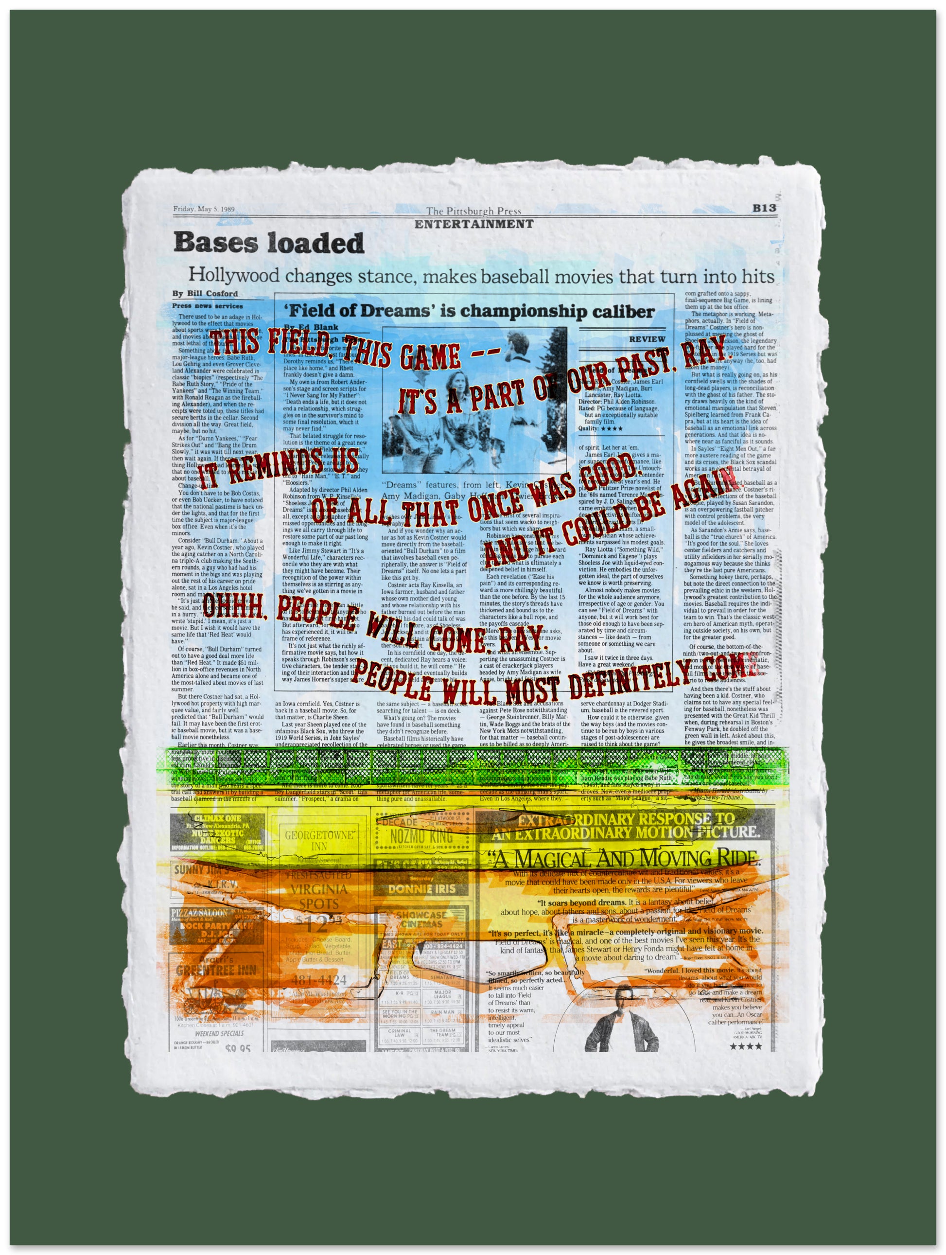 Newspaper with a sports headline and graphic design on a green background