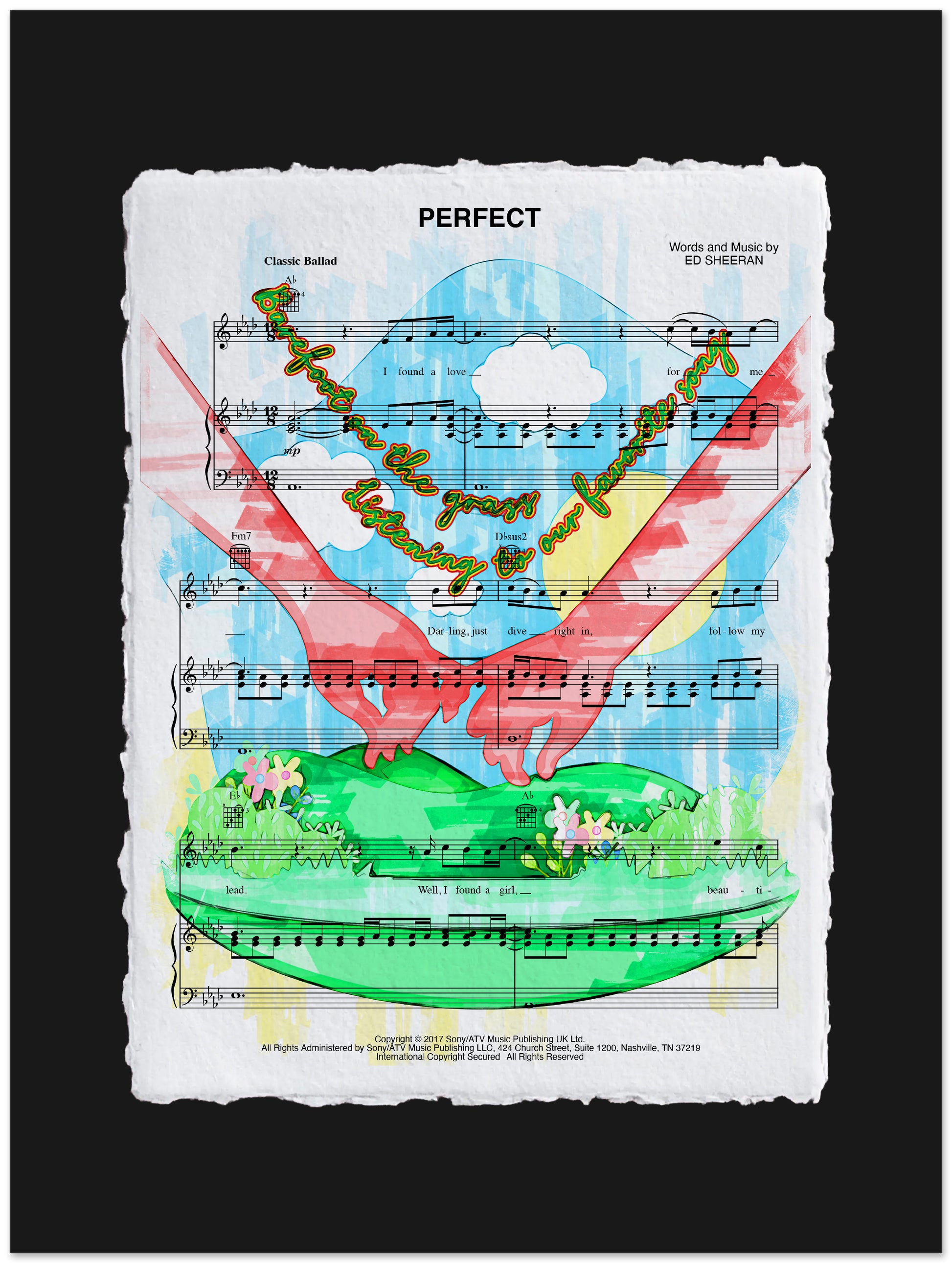 Sheet music with colorful holding hands illustration on a black background