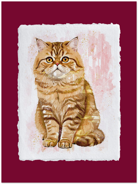 Illustration of a Persian cat on a textured white background with a red border