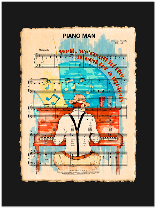 Artistic depiction of a man playing a piano with musical notes and text on a sheet music background.