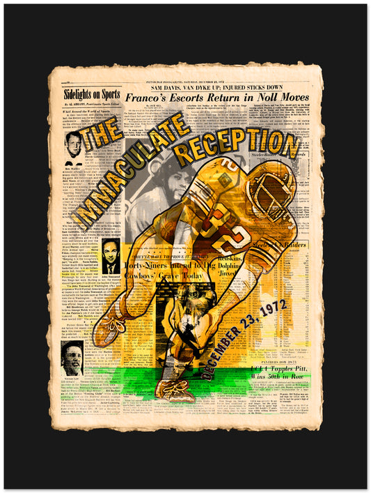 Vintage-style sports poster with a football player and text on a newspaper background