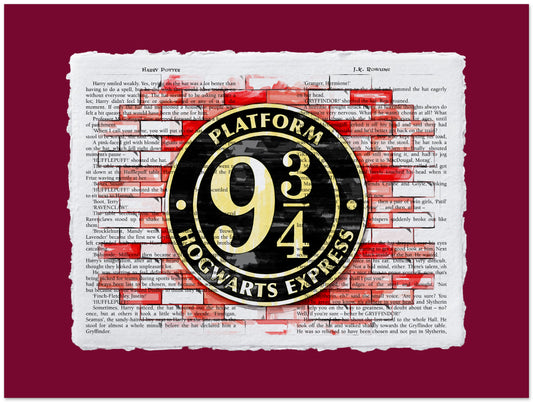 Decorative sign with 'Platform 9 3/4 Hogwarts Express' on a red background