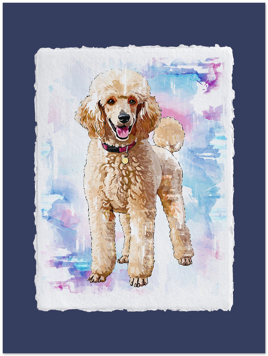 Painting of a beige poodle on a colorful abstract background