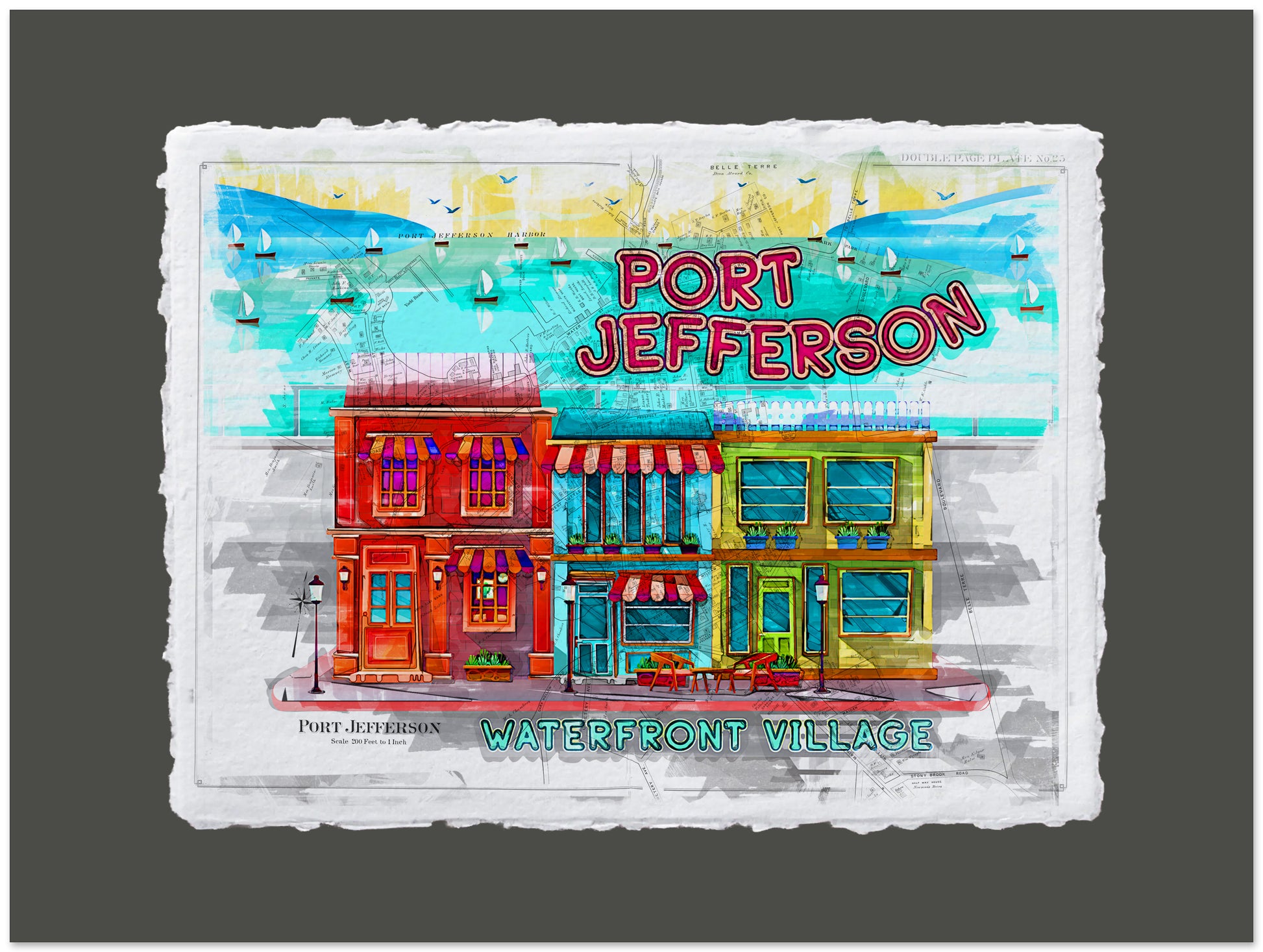 Illustration of Port Jefferson waterfront village with colorful buildings and a clear sky.