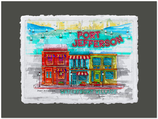 Illustration of Port Jefferson waterfront village with colorful buildings and a clear sky.