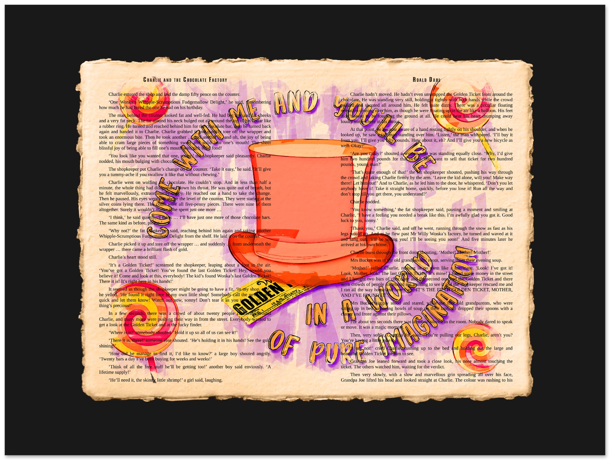 Colorful top hat illustration on a vintage-style text background with motivational quote.