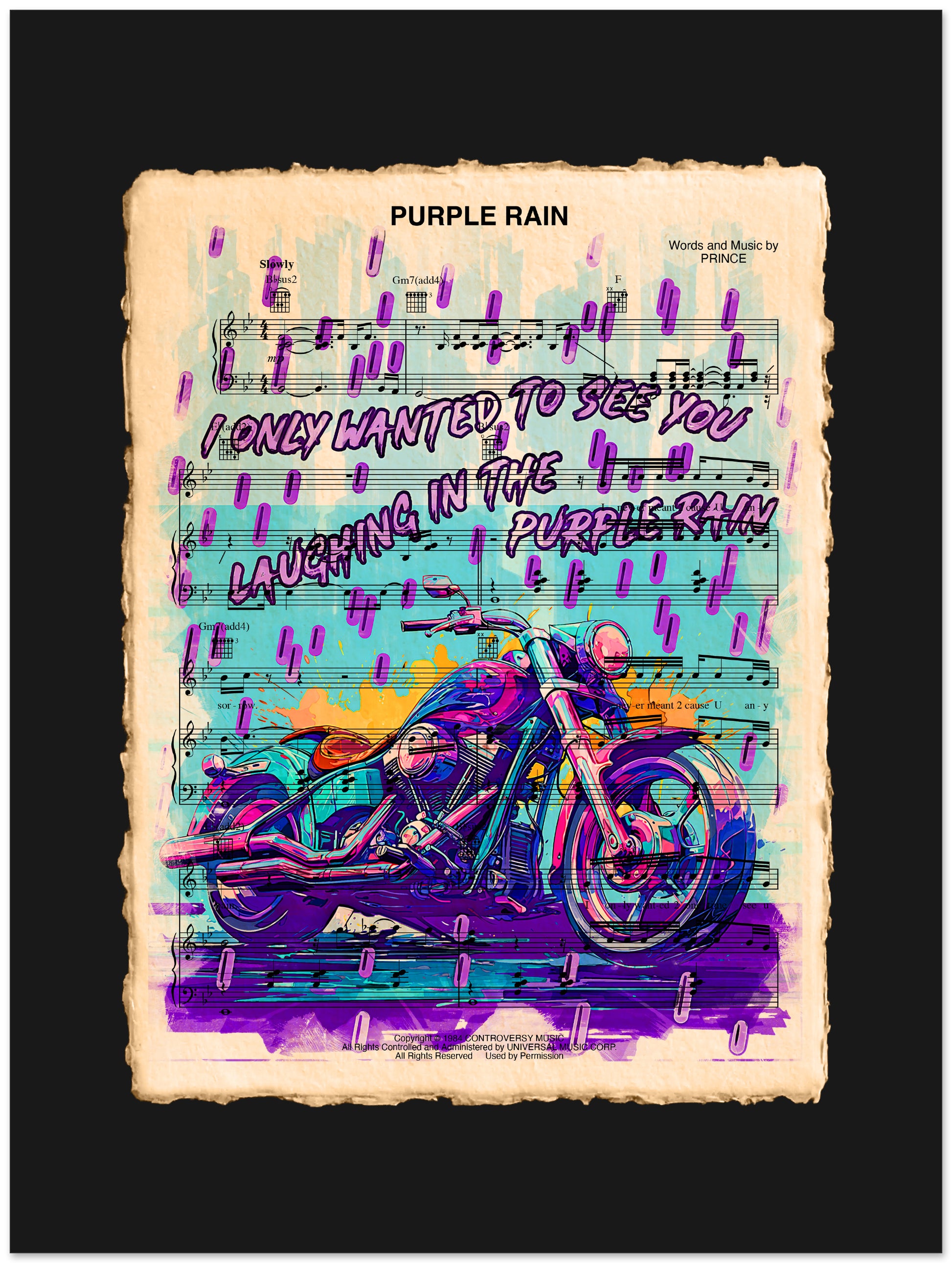 Colorful motorcycle illustration on sheet music with 'Purple Rain' text