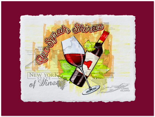 Wine label with two glasses of red wine and text on a maroon background