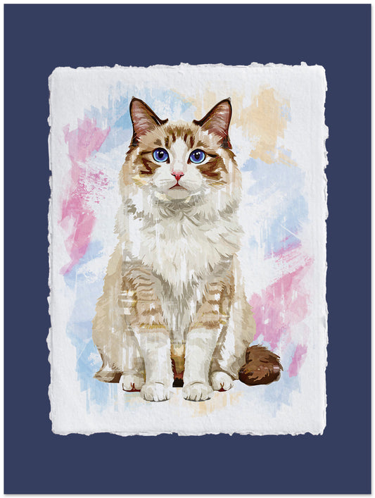Painting of a cat with blue eyes on a colorful abstract background