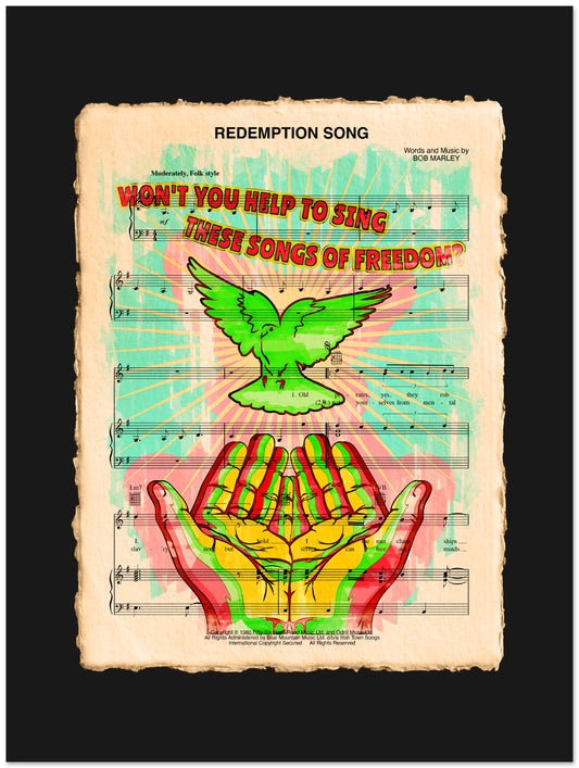 Sheet music cover with a green dove and colorful hands on a black background