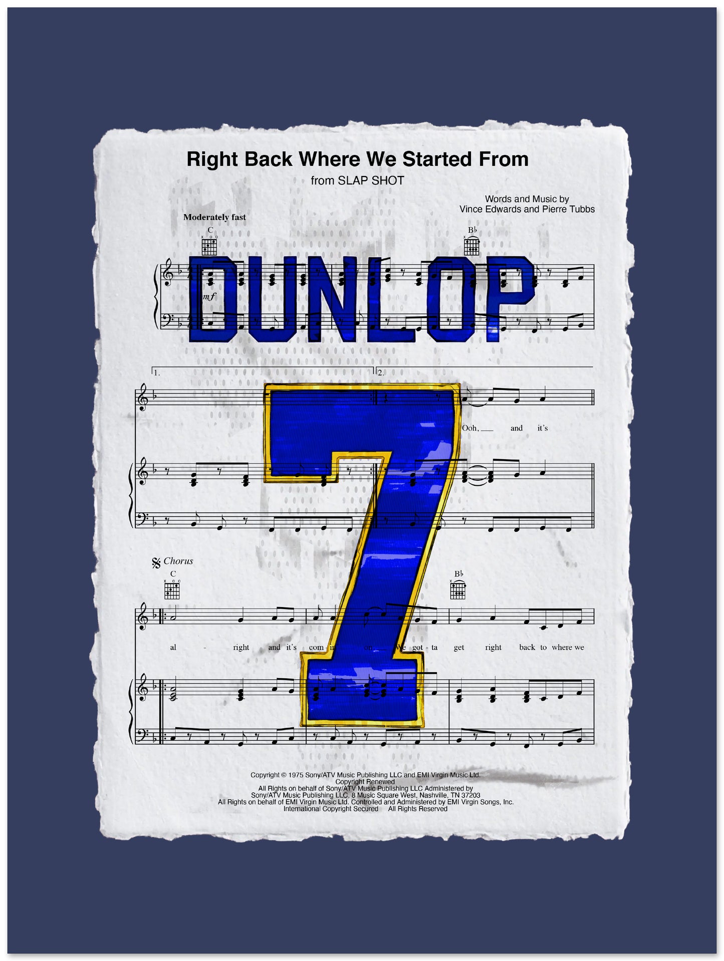 Sheet music with 'Dunlop 7' hockey jersey printed on it against a blue background