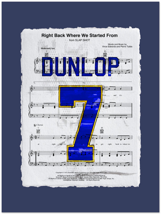 Sheet music with 'Dunlop 7' hockey jersey printed on it against a blue background
