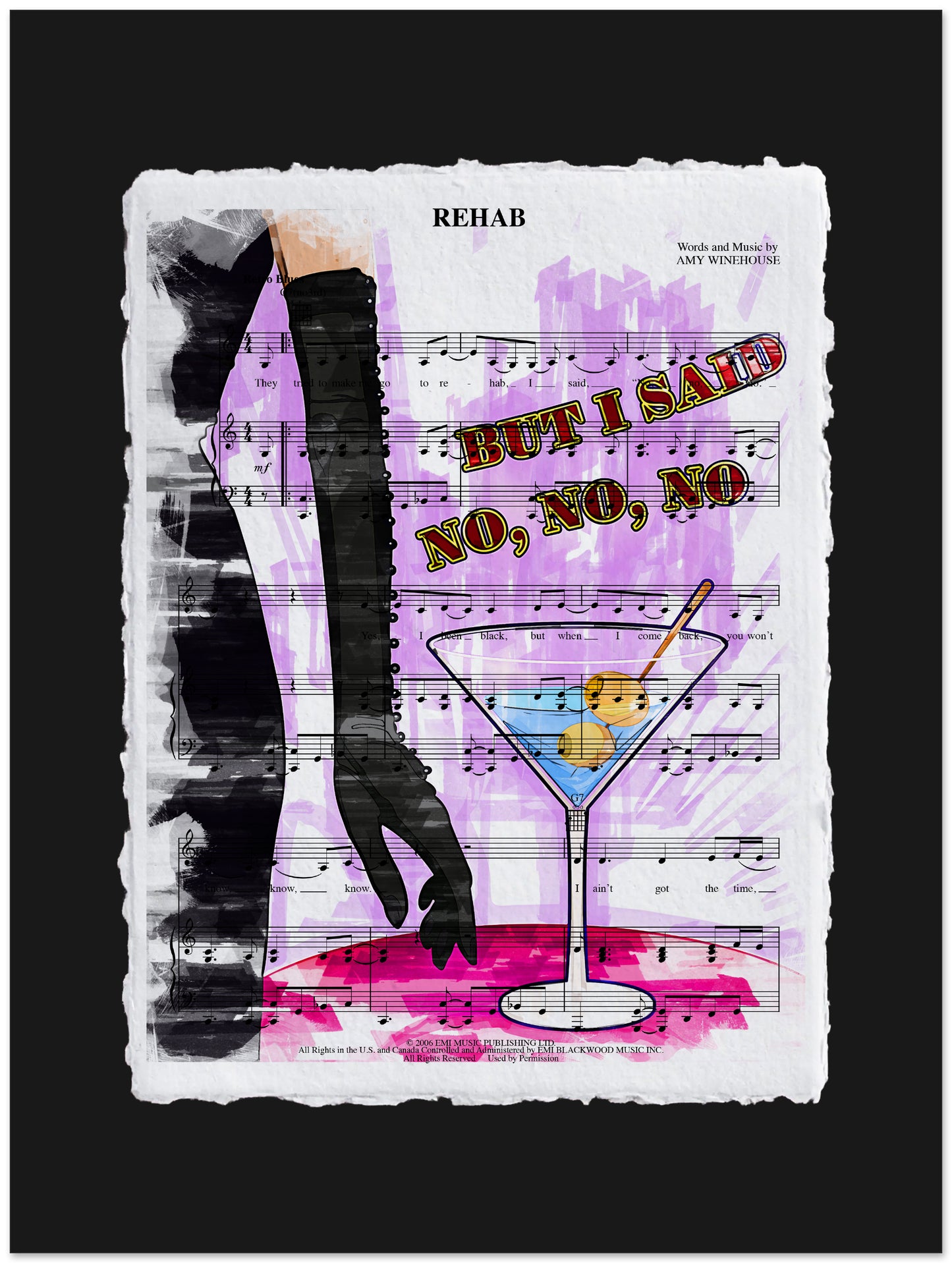 Artistic design with a martini glass, music notes, and text on a black background