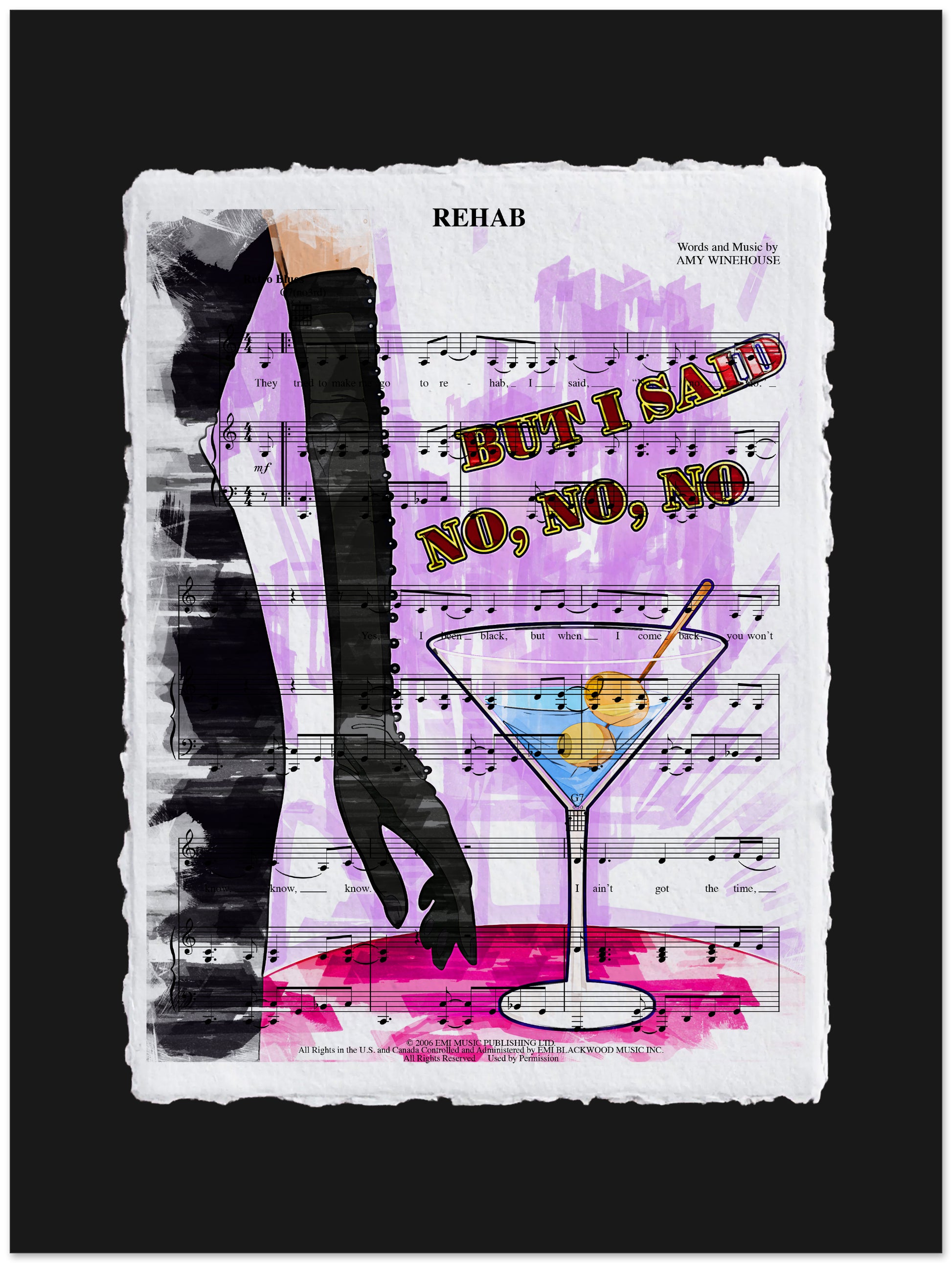 Artistic design with a martini glass, music notes, and text on a black background