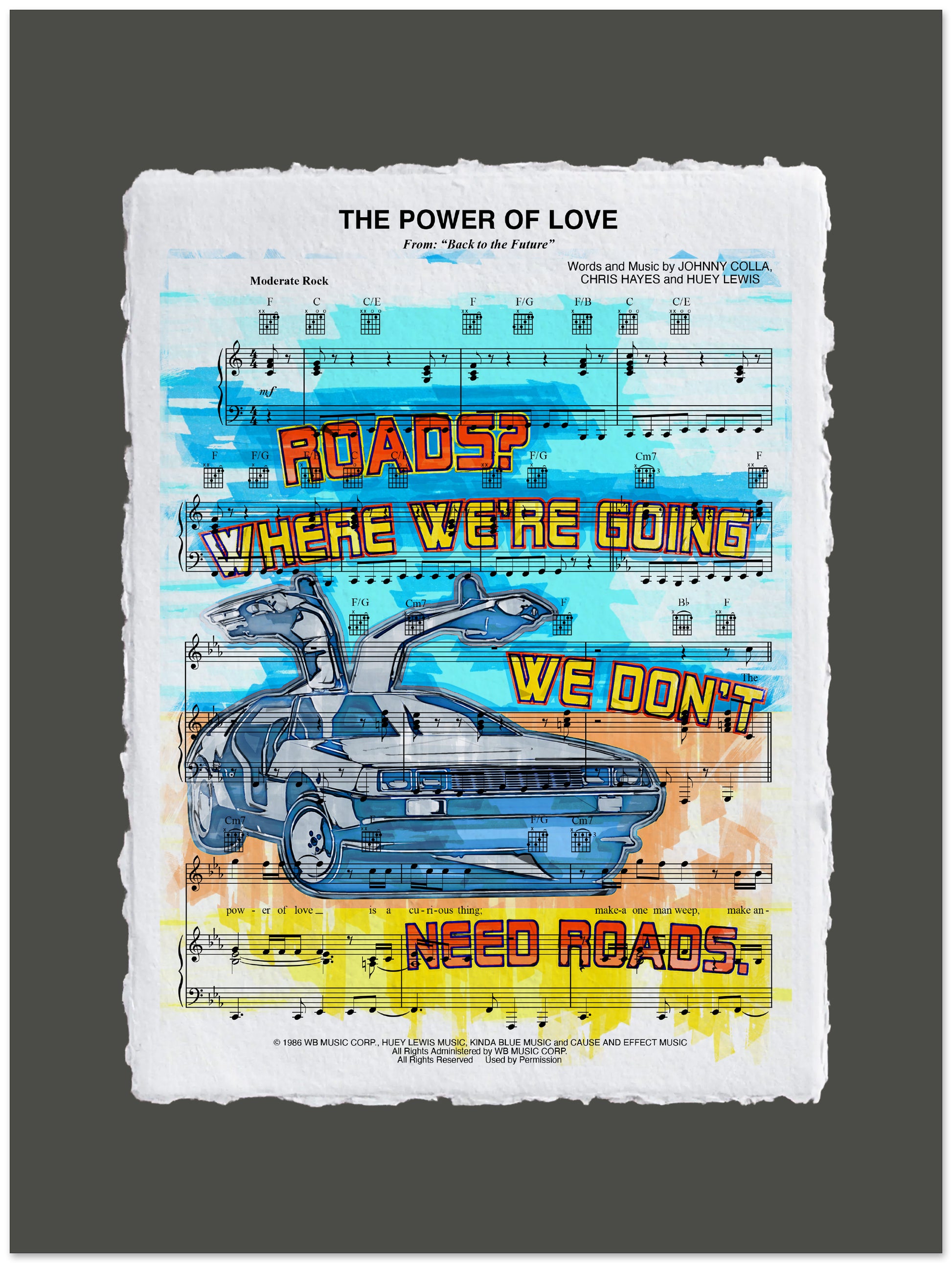 Sheet music with a retro car illustration and text on a gray background