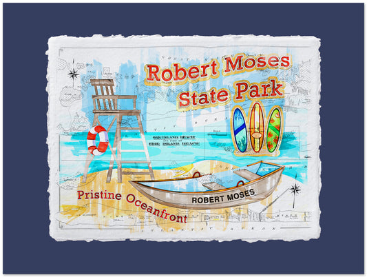 Poster of Robert Moses State Park with a lifeguard tower, boat, and beach elements on a blue background.
