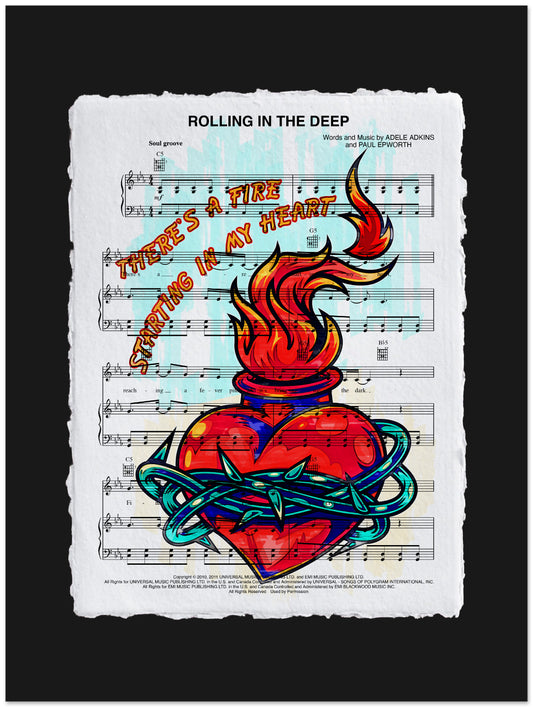 Colorful illustration of a heart with flames on sheet music background
