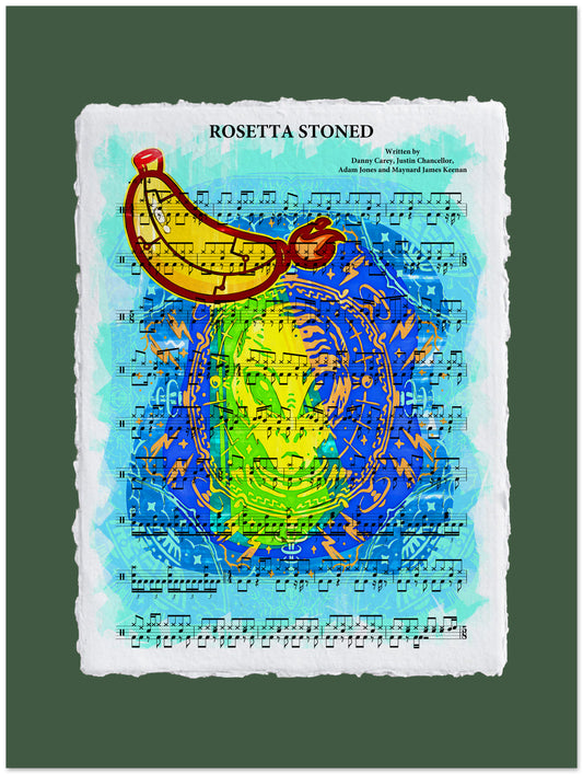 Colorful design with a banana, alien, and text on a sheet music background