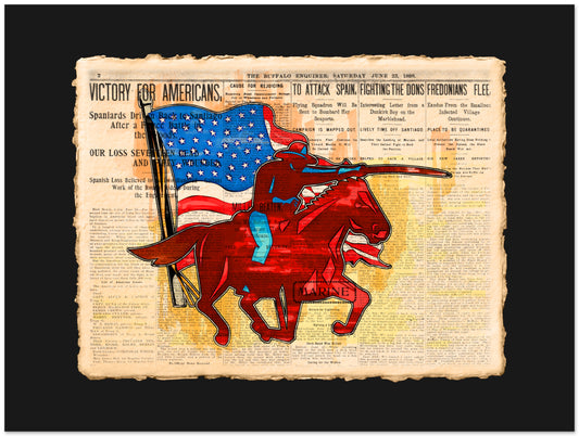 Illustration of a red horse with a rider holding an American flag on a newspaper background
