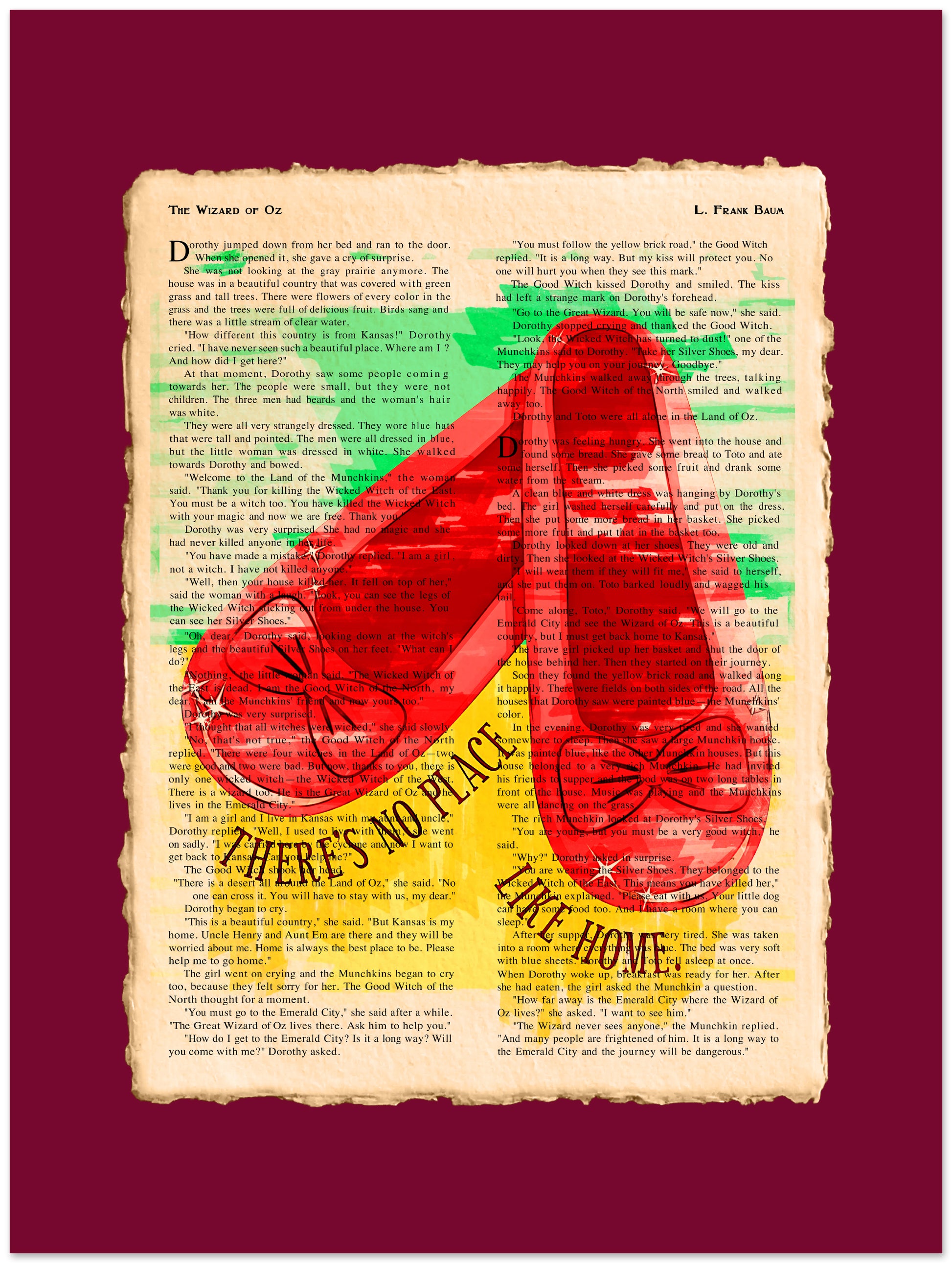 Red shoes with a bow on a vintage book page background