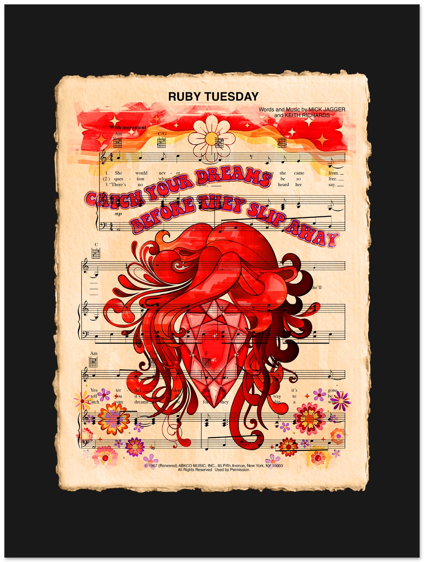 Decorative poster with a red heart design on a sheet music background, featuring the text 'Catch your dreams before they slip away' from Ruby Tuesday.