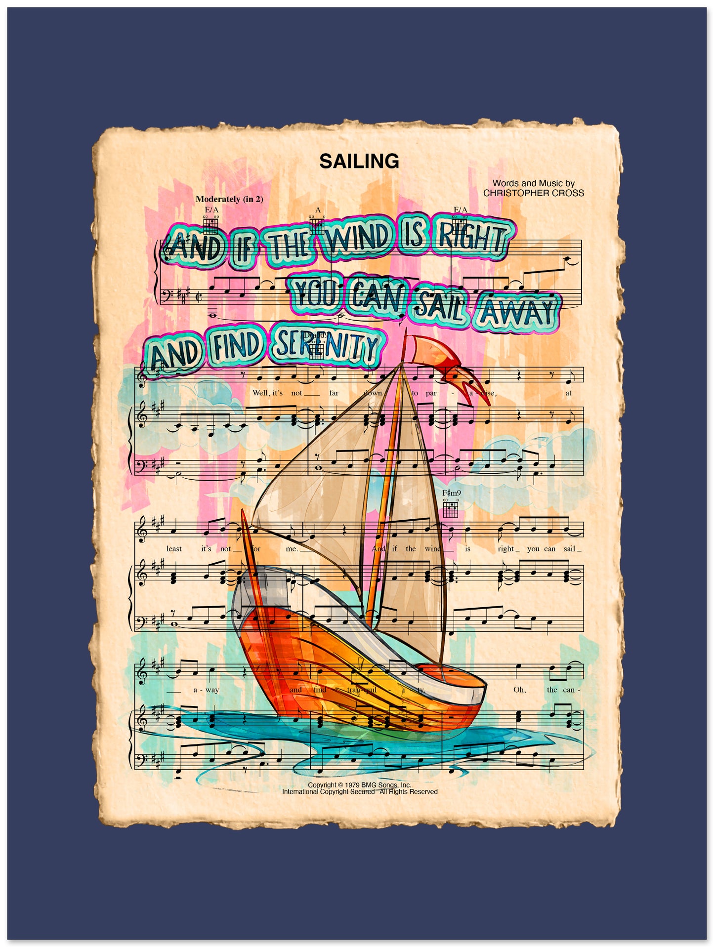 Sheet music with a sailboat illustration and text on a blue background