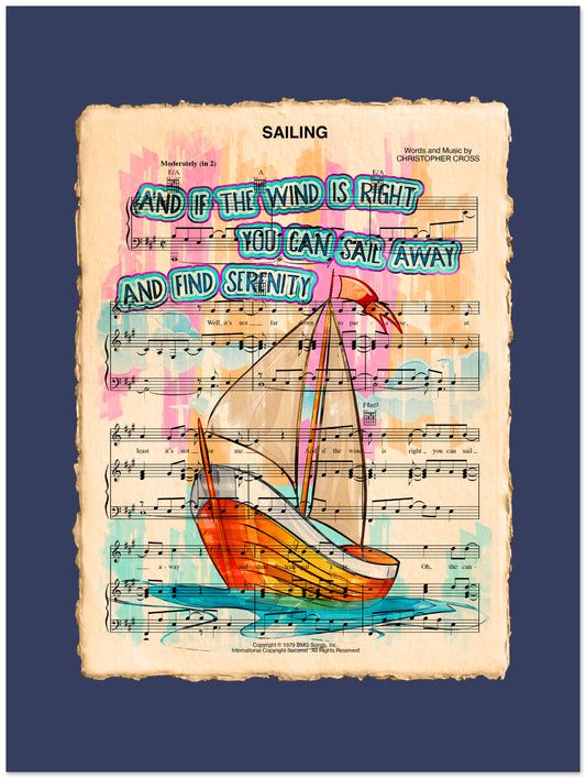 Sheet music with a sailboat illustration and text on a blue background