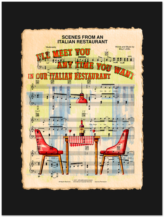 Sheet music with Italian restaurant-themed lyrics and a table scene on a black background