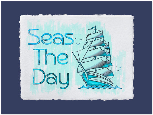 Decorative sign with sailboat and 'Seas The Day' text on a blue background