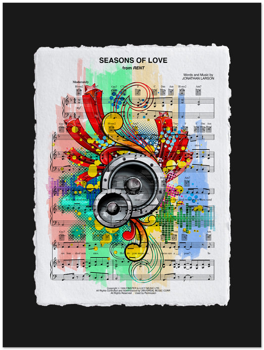Colorful abstract design on sheet music with a treble clef and musical notes.