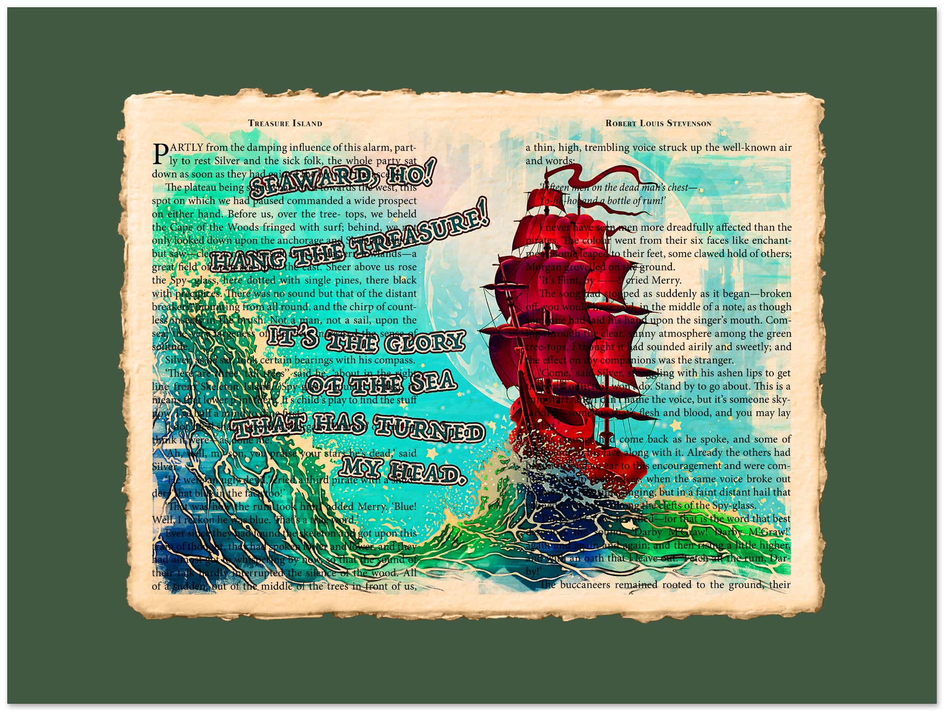 Colorful illustration of a red ship and mermaid on a textured background with text.