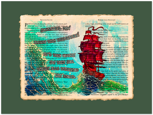 Colorful illustration of a red ship and mermaid on a textured background with text.