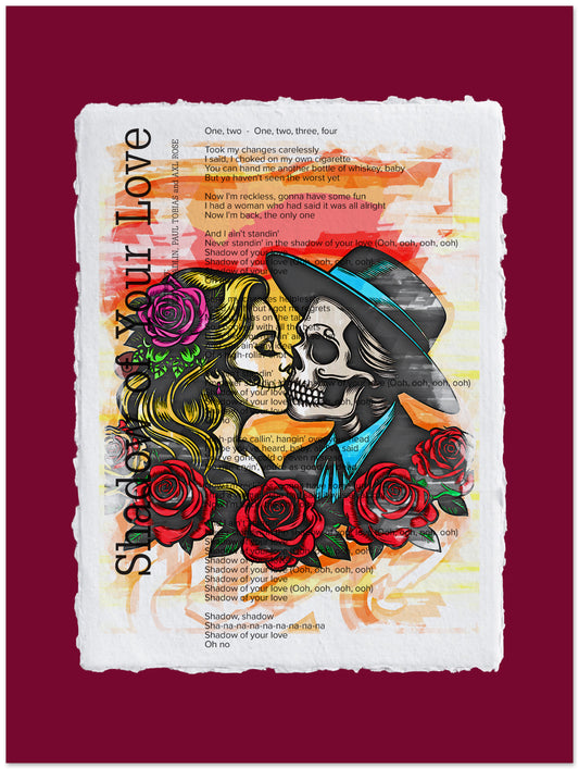 Artistic depiction of a skeleton and floral elements on a textured paper background with text overlay.