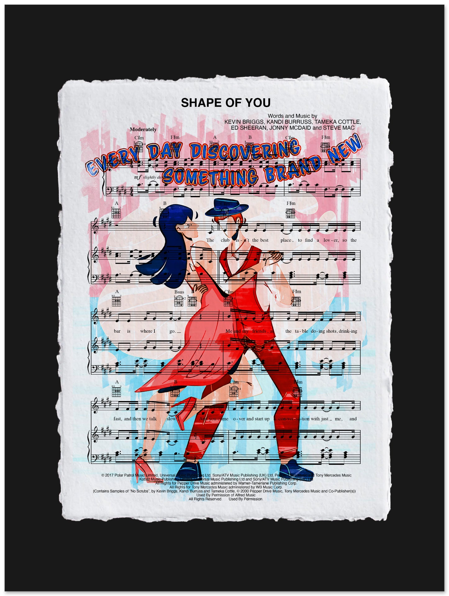 Artistic depiction of a couple dancing on sheet music with text 'Shape of You' and 'Every Day Discovering Something Brand New'.