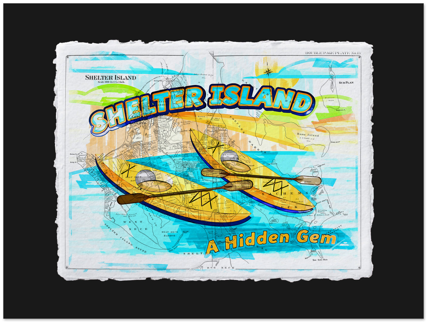 Map of Shelter Island with kayaks and text 'Shelter Island: A Hidden Gem' on a black background