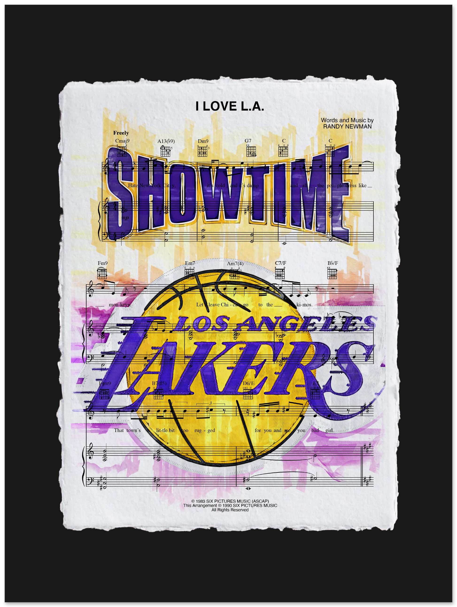 Los Angeles Lakers logo with 'Showtime' text on sheet music background