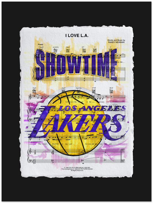 Los Angeles Lakers logo with 'Showtime' text on sheet music background