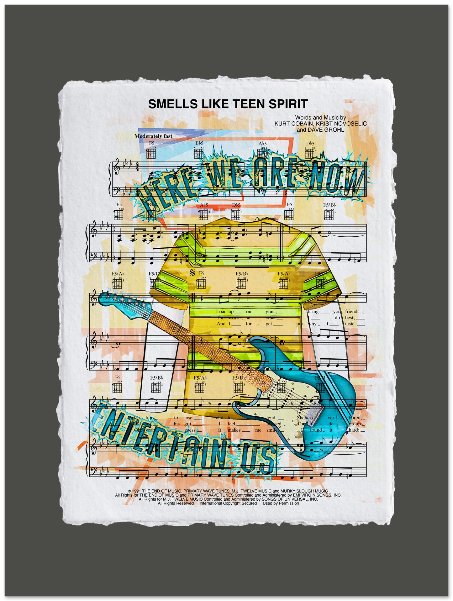 Artistic depiction of a person playing guitar with text and sheet music background
