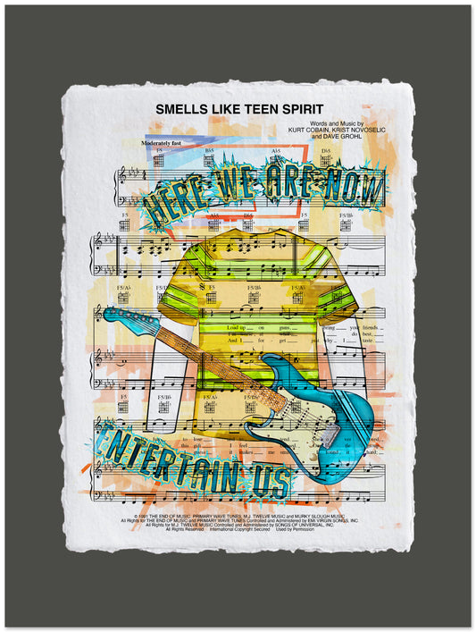 Artistic depiction of a person playing guitar with text and sheet music background