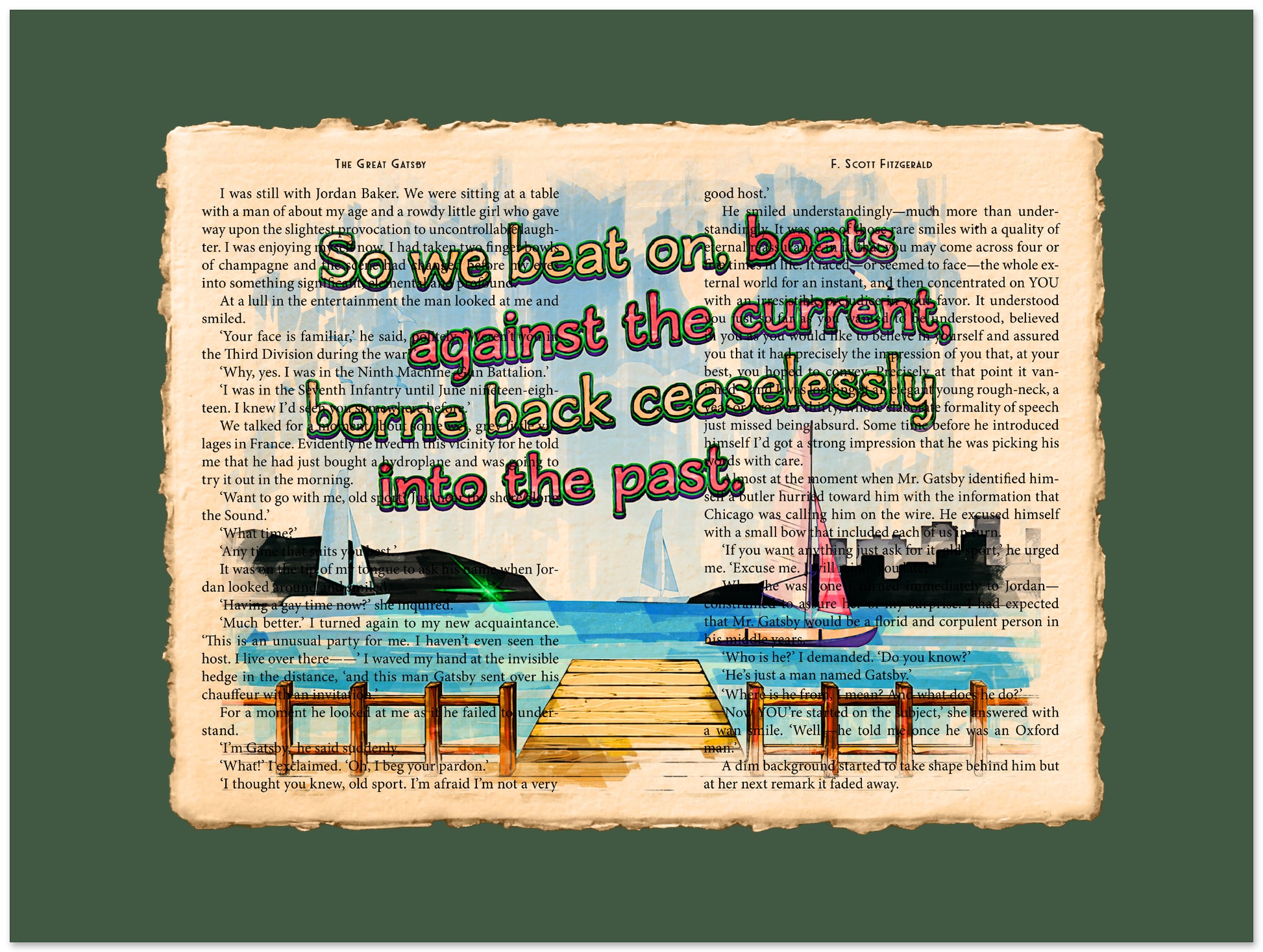 Decorative collage with boats and a quote on an old book page background