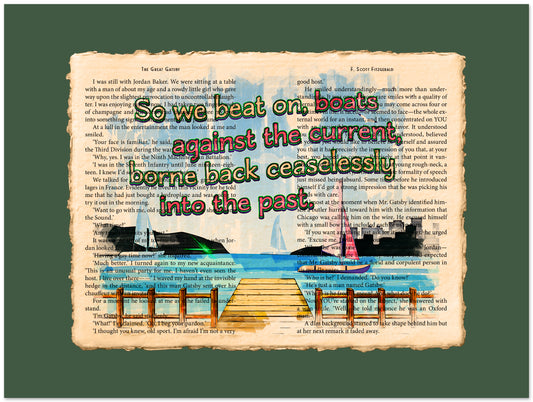 Decorative collage with boats and a quote on an old book page background