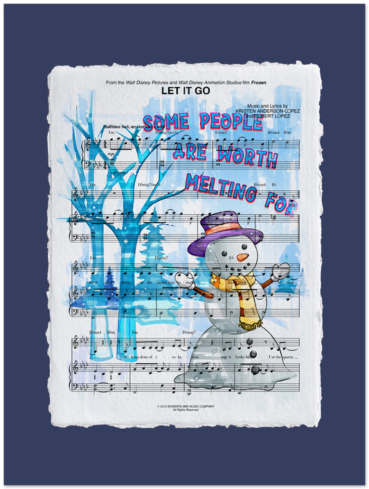 Sheet music with a snowman illustration and text on a blue background