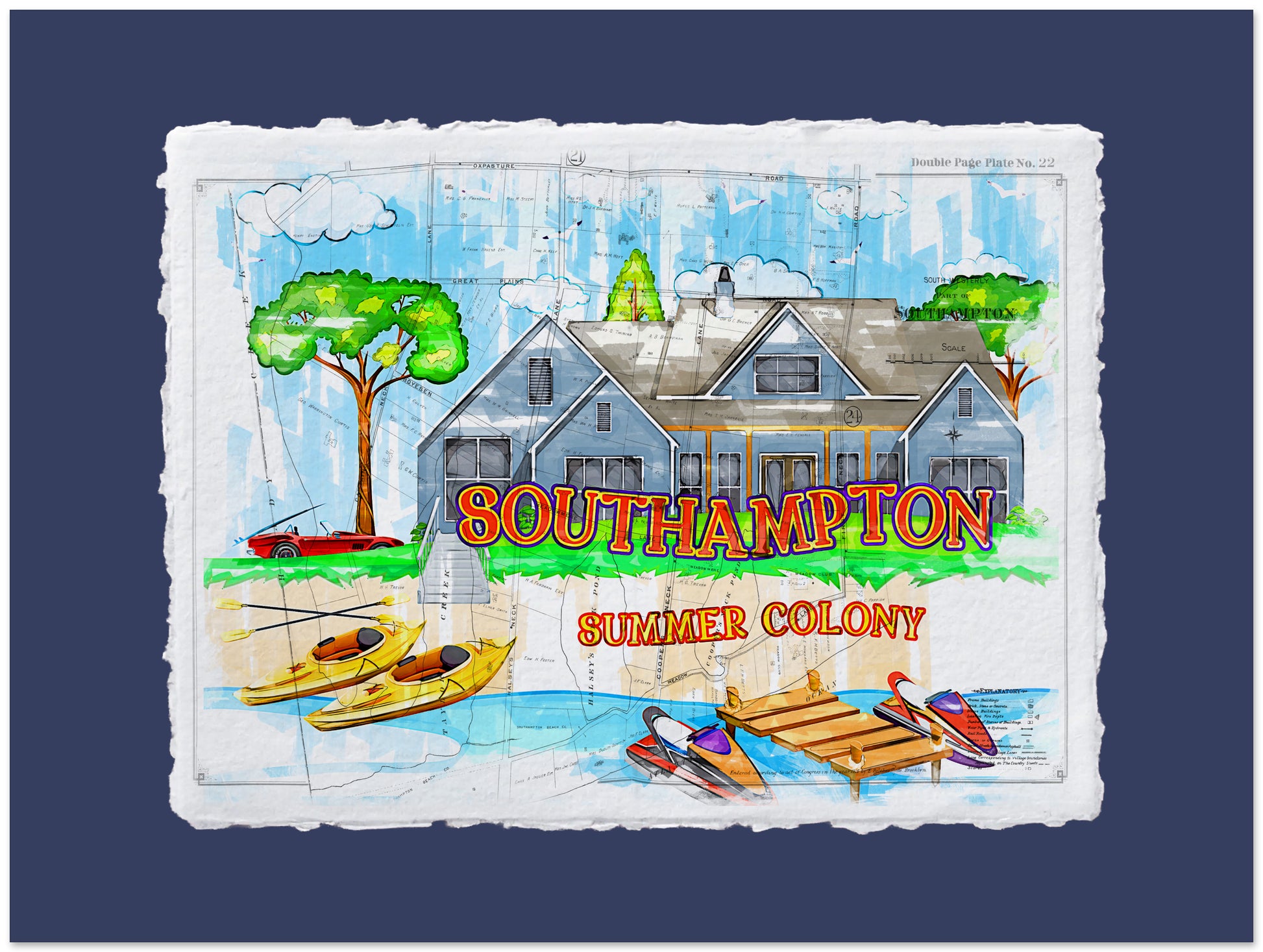 Illustration of a coastal scene with houses, trees, and kayaks on a blue background, featuring the text 'Southampton Summer Colony'.