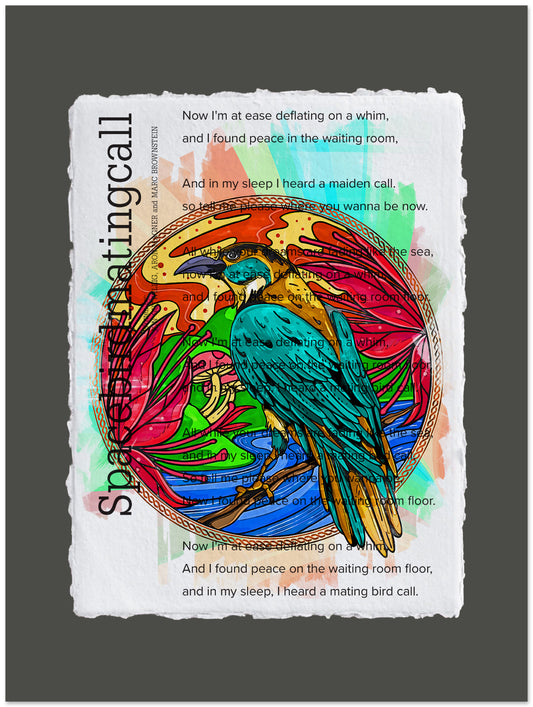 Colorful parrot illustration on textured paper with text overlay