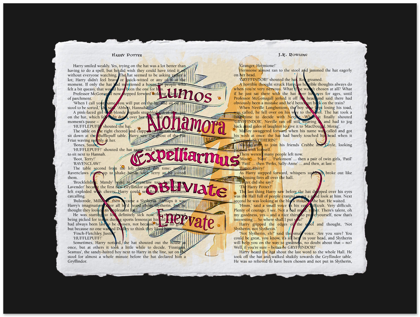 Magical spellbook with text and wand on a black background